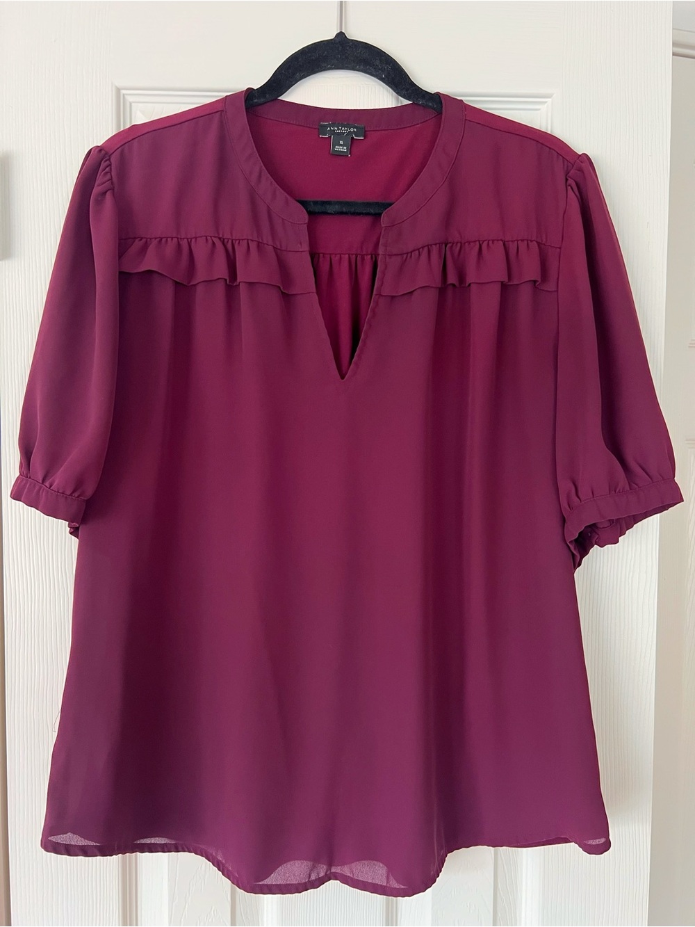 Ann Taylor Factory Plum Ruffle-Trim Split-Neck Blouse